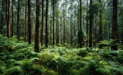 Sunlight filters through tall trees in a lush fern forest