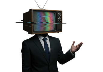 Isolated Business Executive with Vintage Television Head and Suit, Presenting, Hand Outstretched