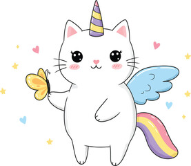 Adorable cartoon white cat with unicorn horn and rainbow tail holding a butterfly with blue wings isolated on transparent background