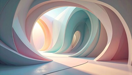 Abstract 3D render of a modern architectural building featuring a swirl of colorful, curving lines and a digital vortex of light and energy against a dark space