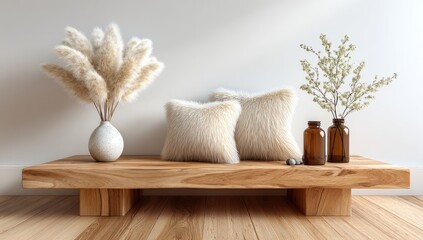 Wooden bench with fluffy pillows, pampas grass, and vases