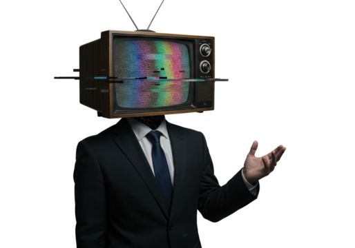 Isolated Business Executive with Vintage Television Head and Suit, Presenting, Hand Outstretched