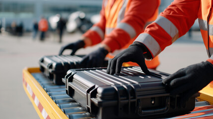 Airport worker in safety uniform handling metal luggage cases on conveyor belt. Professional baggage processing and cargo transportation operations at aviation terminal with security equipment.