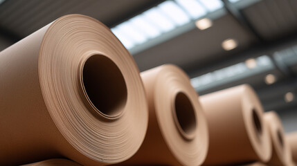 Brown kraft paper rolls in industrial warehouse. Eco-friendly sustainable packaging materials for manufacturing and commercial use. Natural recycled cardboard production concept.