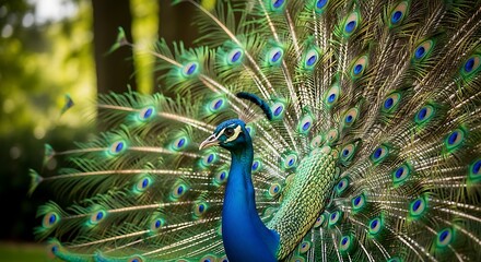 Obraz premium Majestic Peacock Displaying Vibrant Feathers in Nature.