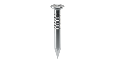 Silver Metal Screw Nail with Ribbed Shaft hardware isolated on a transparent background