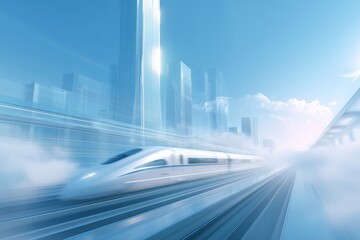 Obraz premium High-speed train travels through a futuristic cityscape under clear blue skies