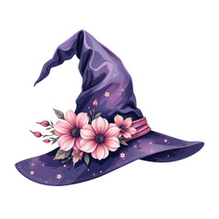 A whimsical purple witch's hat adorned with pink flowers and a stylish ribbon, showcasing an enchanting and magical aesthetic.
