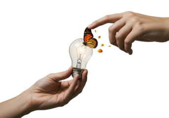 Isolated hands with lightbulb and butterfly idea concept creative inspiration bright