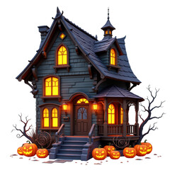 A spooky, old-fashioned house with lit windows, surrounded by carved pumpkins and eerie trees, embodying a Halloween theme.