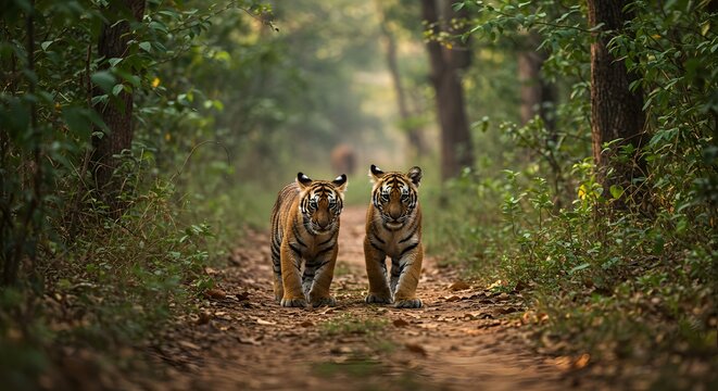 Tigers walking forest trail