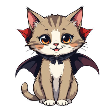 A cartoon-style cat with a playful expression, adorned with devilish wings and a bow tie, creating a whimsical and charming appearance.