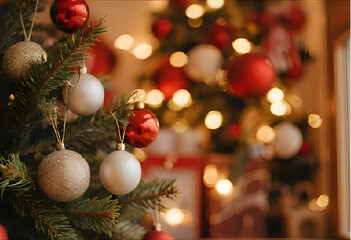 Obraz premium close-up of a beautifully decorated christmas tree with red and golden christmas balls