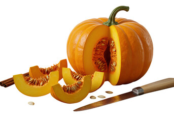 Isolated pumpkin on display with slices and knife, ready for fall recipes and decoration