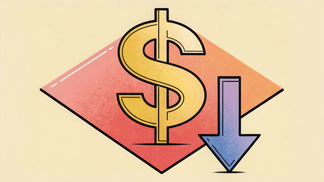 This textured, comic-style illustration of a dollar sign and a down arrow is ideal for websites or blogs about finance, economics, business, investments, and market trends.


