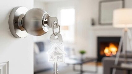 A key with a houseshaped keychain is inserted into a doorknob, symbolizing the purchase of a new home and the start of a new chapter - Powered by Adobe