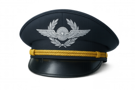 Classic pilot hat with embroidered wings and propeller emblem, isolated on transparent background, representing aviation and air travel