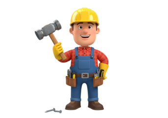 Isolated construction worker cartoon character holding hammer and wearing a yellow hard hat