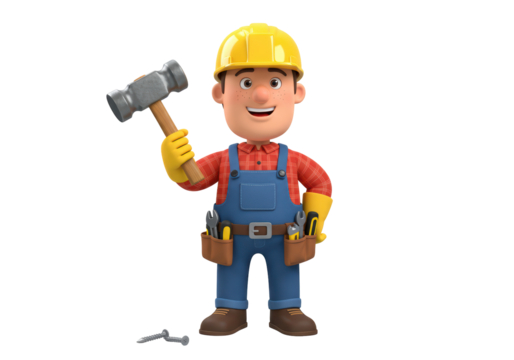 Isolated construction worker cartoon character holding hammer and wearing a yellow hard hat