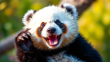 Obraz premium Playful panda with vibrant fur, expressive eyes, bright background, animal, fur