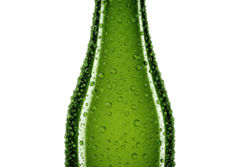 Isolated wet green beer bottle top section, cold refreshment, refreshing drink idea