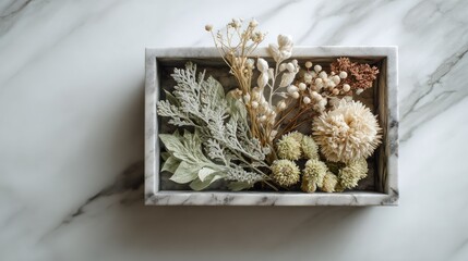 Dried flowers in stone box arrangement