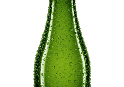 Isolated wet green beer bottle top section, cold refreshment, refreshing drink idea