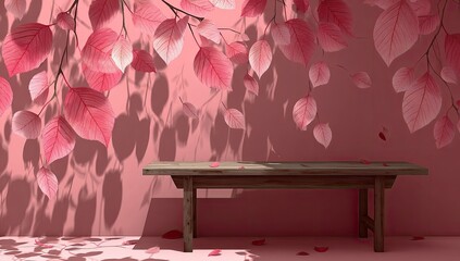 A rustic wooden bench bathed in the soft light of a pink-leafed canopy