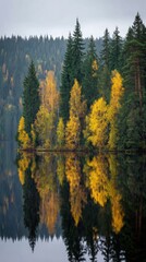 Obraz premium Captivating Autumn Reflections in a Serene Lake Surrounded by Evergreen Trees at Dawn