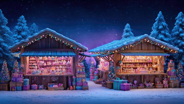 Two cozy Christmas market stalls at night, snowy forest backdrop - Powered by Adobe