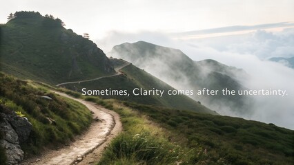 Mountain path with misty peak and inspirational quote.