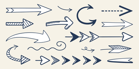 A collection of hand-drawn arrows in various styles, arranged randomly on a clean white background. The arrows vary in shape and direction, including straight, curved, wavy, zigzag, looped, dashed, an