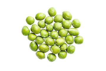 Closeup view of a cluster of green wasabi peas on a transparent background, highlighting their unique shape and coating