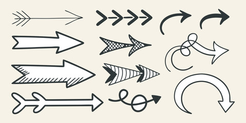 A collection of hand-drawn arrows in various styles, arranged randomly on a clean white background. The arrows vary in shape and direction, including straight, curved, wavy, zigzag, looped, dashed, an
