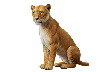 Obraz premium Isolated lioness sitting calmly, majestic feline predator with piercing eyes and tawny fur coat