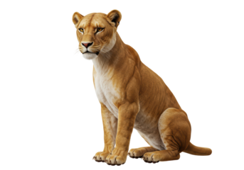 Isolated lioness sitting calmly, majestic feline predator with piercing eyes and tawny fur coat