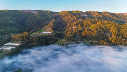 Sunset in Arco de Calheta, Madeira, Portugal. Drone photo. High quality photo