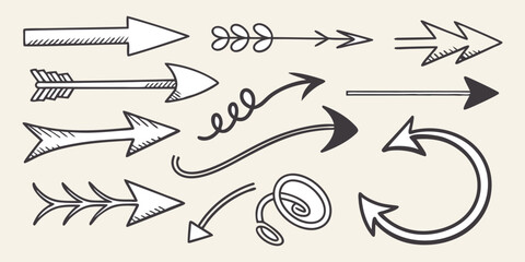 A collection of hand-drawn arrows in various styles, arranged randomly on a clean white background. The arrows vary in shape and direction, including straight, curved, wavy, zigzag, looped, dashed, an