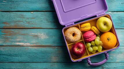 Colorful Lunchbox Filled With Assorted Fruits and Sweets on a Rustic Wooden Table