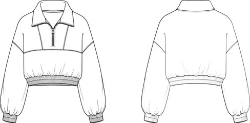 Cropped sweatshirt sketch, half zip pullover, balloon sleeve, fashion flat, garment design, front back view, technical drawing, apparel template, ribbed hem, stand collar,  © Mind Art