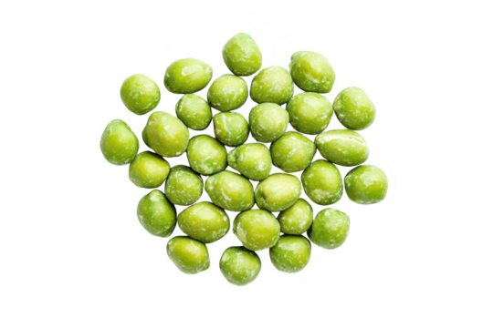 Closeup view of a cluster of green wasabi peas on a transparent background, highlighting their unique shape and coating