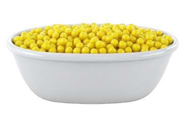 White bowl filled with many small yellow spheres