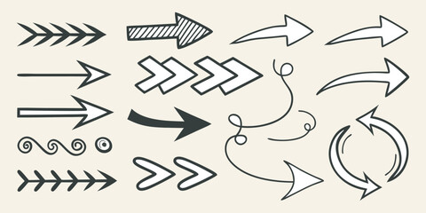 A collection of hand-drawn arrows in various styles, arranged randomly on a clean white background. The arrows vary in shape and direction, including straight, curved, wavy, zigzag, looped, dashed, an