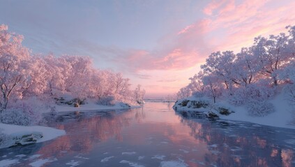 Pink-hued winter landscape with snow-covered trees reflecting in a calm river
