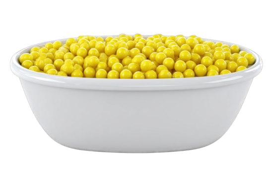 White bowl filled with many small yellow spheres