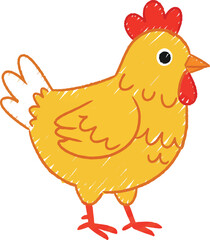A cheerful cartoon illustration of a friendly yellow hen with a red comb and wattle standing on its feet isolated on transparent background