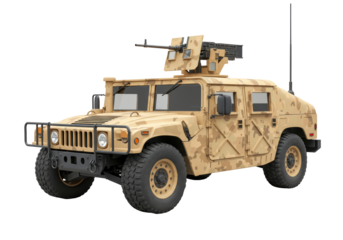 Isolated desert camouflage Humvee with gun turret on top is ready for action in the warzone