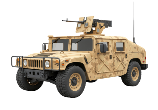Isolated desert camouflage Humvee with gun turret on top is ready for action in the warzone