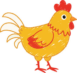 Cute cartoon yellow rooster with red comb and wattle standing proudly with its tail feathers fanned out isolated on transparent background