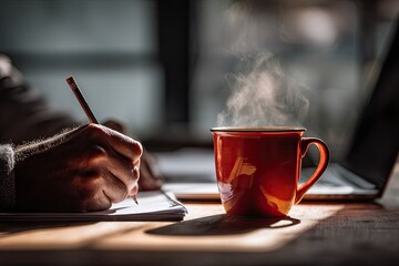 Close-up of hands writing with a pencil, beside a steaming red mug and laptop